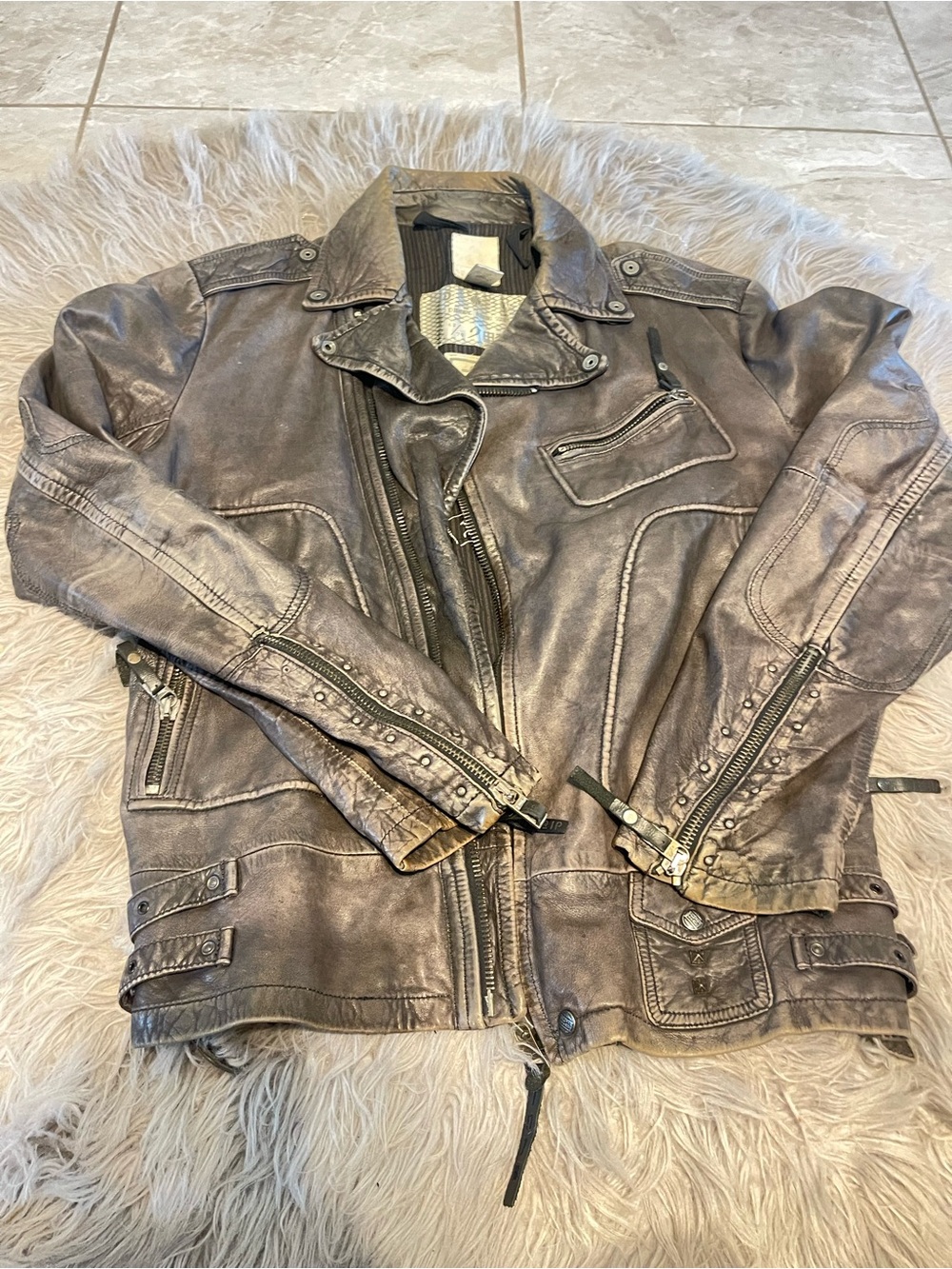 Diesel Men's Distressed  Gray Leather Biker Jacket